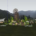 Traditional Wooden Windmill Structure at Fenghua Camp with Mountains Green Plants and Tents