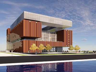 Modern Office Building With Vertical Brown Panels Large Glass Windows And Water Reflection 3d model