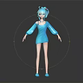 Cartoon Blue Haired Female Character With Ponytail Blue Dress Blue Shoes 3D Model Standing
