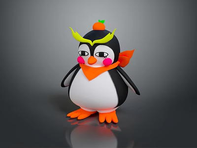 Cartoon Penguin Character With Yellow Eyebrows Orange Top Decoration Scarf Pink Cheeks And Orange Feet 3d model