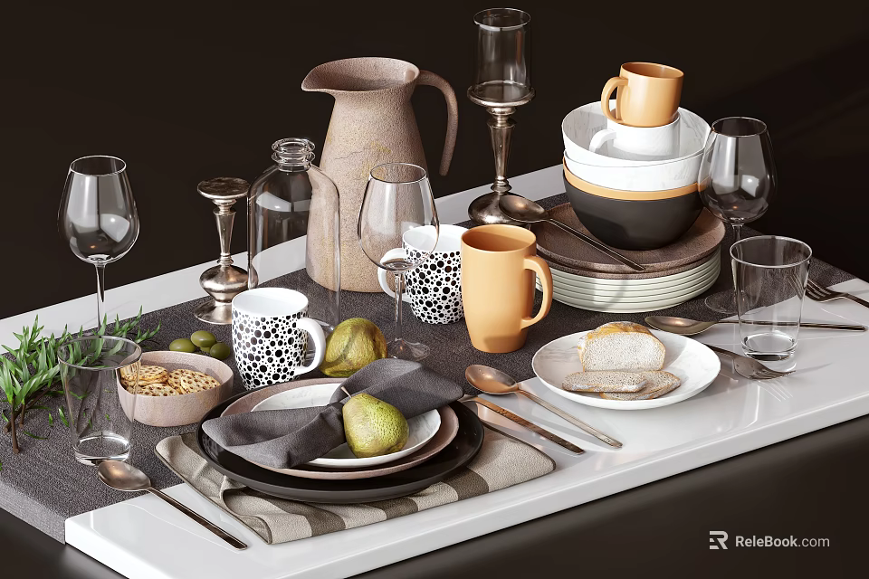 Elegant Tableware Set with Mugs Plates Bowls Wine Glasses and Fruits on Dining Table 3d model 