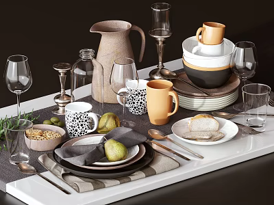 Elegant Tableware Set with Mugs Plates Bowls Wine Glasses and Fruits on Dining Table 3d model