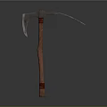 Ancient Battle Weapon With Wooden Handle Curved Metal Blade And Red Straps