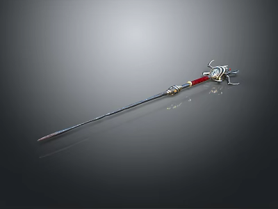 Elegant Spear with Red Shaft Silver Spearhead Intricate Decorations and Metallic Texture 3d model