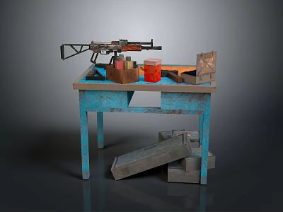 Vintage Machine Gun On Blue Weathered Table With Wooden Boxes Red Canister And Stacked Crates 3d model