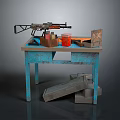 Vintage Machine Gun On Blue Weathered Table With Wooden Boxes Red Canister And Stacked Crates