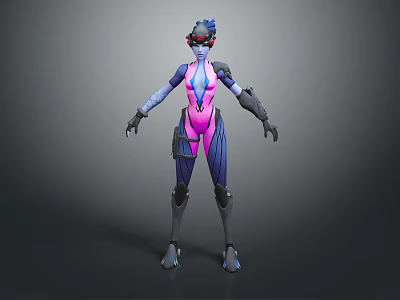 Futuristic Sci-Fi Character in Pink and Purple Cybernetic Outfit with Goggles Gloves and Mechanical Boots 3d model