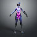 Futuristic Sci-Fi Character in Pink and Purple Cybernetic Outfit with Goggles Gloves and Mechanical Boots