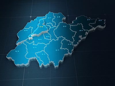 Blue 3D Map Featuring Regional Divisions Grid Background And Small Icons 3d model