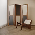 Wooden Three Panel Room Divider Screen With Woven Texture And Dark Panels 3d model