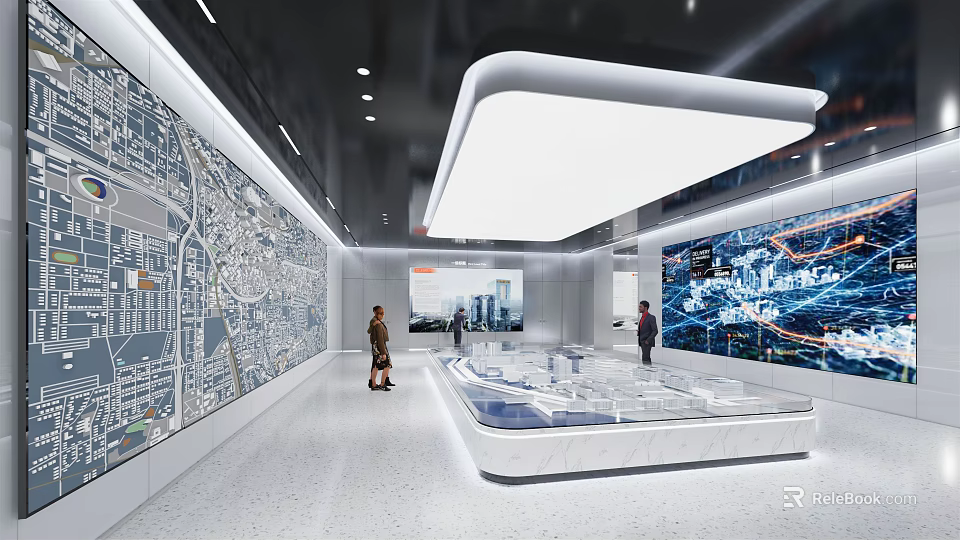 Modern Exhibition Hall Interior With Interactive Model Display And Digital Wall Screens 3d model