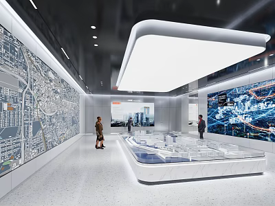 Modern Exhibition Hall Interior With Interactive Model Display And Digital Wall Screens 3d model