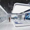 Modern Exhibition Hall Interior With Interactive Model Display And Digital Wall Screens