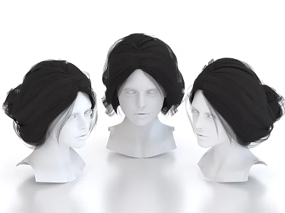 Decorative Ornament Set With White Mannequin Heads And Black Bun Wigs 3d model