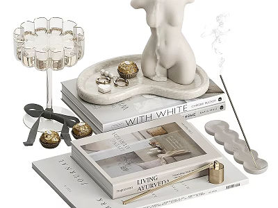 Elegant Decorative Ornament Set with Glass Candle Holder Nude Sculpture Incense Sticks and Stacked Books 3d model