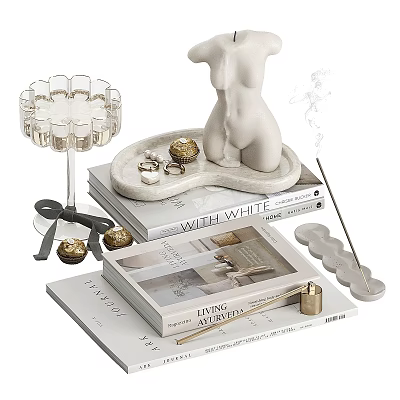 Elegant Decorative Ornament Set with Glass Candle Holder Nude Sculpture Incense Sticks and Stacked Books 3d model