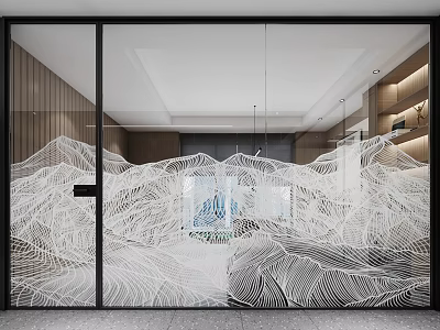 Modern Interior Glass Door Featuring White Mountain Line Patterns With Wooden Walls And Minimalist Design 3d model