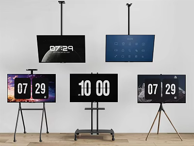 Multiple Televisions With Ceiling Mounts And Stands Showing Time And Date 3d model