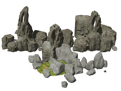 Garden Ornaments Decorative Stones With Various Shapes Natural Rocks And Small Green Grass Patch 3d model