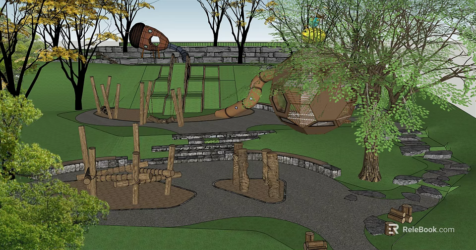 Natural Outdoor Children's Playground With Slide Climbing Frame Trees And Green Lawn 3d model 
