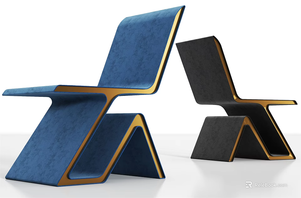 Modern Single Chair With Blue Black Upholstery And Geometric Gold Frame 3d model 