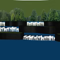 Modern Garden Landscape With Multi tiered Black Mesh Structures Green Trees Calm Water And Reflections