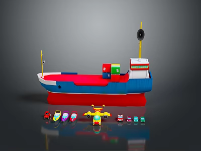Colorful Toy Ship With Containers Surrounded By Small Toy Cars And Airplane 3d model