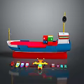 Colorful Toy Ship With Containers Surrounded By Small Toy Cars And Airplane