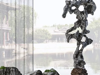 Natural Stone Sculpture and Wood Stand in Serene Garden Landscape with Lake 3d model