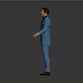 Man in Blue Suit Standing with Arms Outstretched Against Grey Background