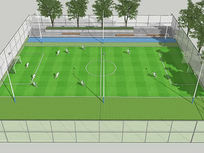 Fenced Football Field with Green Grass Surrounded by Trees and Players Playing 3d model