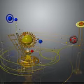 Golden Sun Model With Orbiting Blue And Red Spheres Mechanical Frames And Yellow Lines