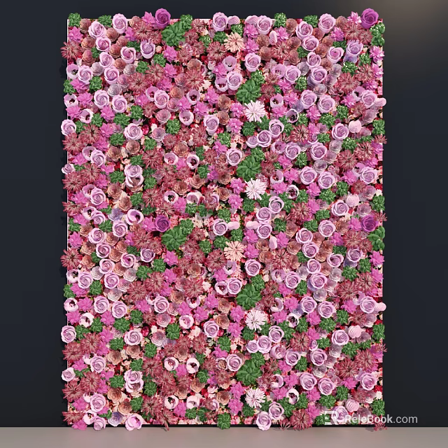 Green Plant Wall Decorated With Pink And White Flowers And Green Leaves 3d model 