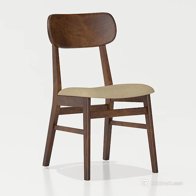 Stylish Wooden Single Chair With Curved Backrest And Beige Fabric Seat 3d model 