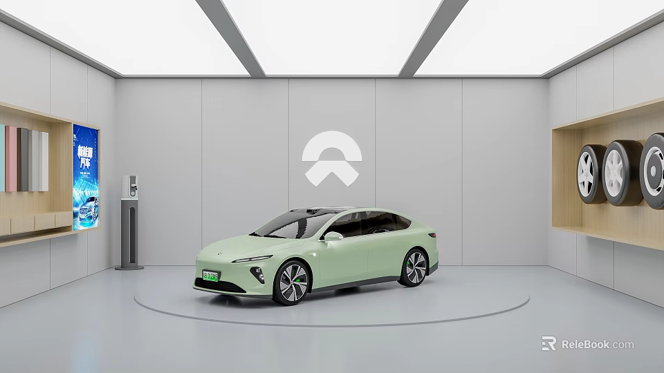 Light Green NIO Electric Sedan Showcased In Modern Showroom With White Walls And Ceiling Lights 3d model 