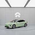 Light Green NIO Electric Sedan Showcased In Modern Showroom With White Walls And Ceiling Lights