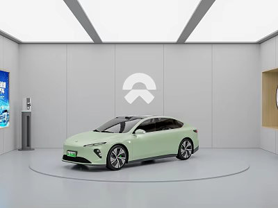 Light Green NIO Electric Sedan Showcased In Modern Showroom With White Walls And Ceiling Lights 3d model