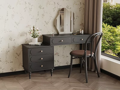 Cozy Bedroom Dressing Table Setup With Round Mirror Floral Wallpaper And Wooden Chair 3d model