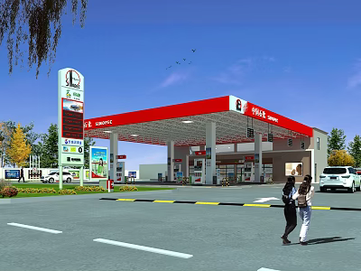 Gas Station With Red Canopy Fuel Pumps And Pedestrians Nearby Vehicles 3d model