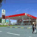 Gas Station With Red Canopy Fuel Pumps And Pedestrians Nearby Vehicles