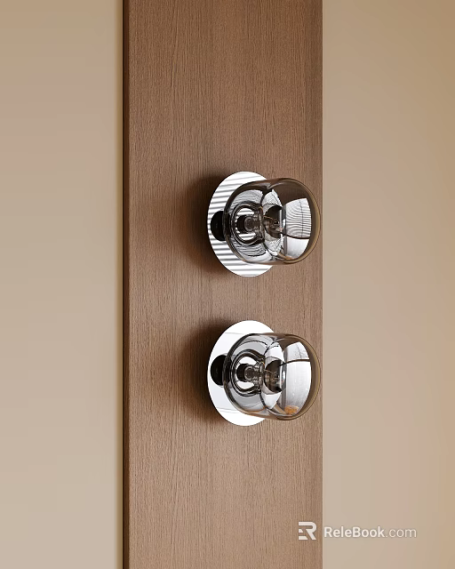 Two Modern Wall Lights with Metal Base and Glass Shades on Wooden Background 3d model 