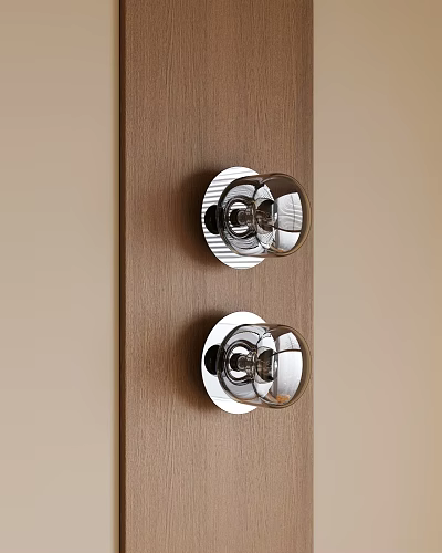 Two Modern Wall Lights with Metal Base and Glass Shades on Wooden Background 3d model