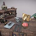 Wooden Workbench With Shelf Skull Bottles Books Drawers And Green Flask