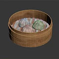 Fresh Steamed Buns in Traditional Bamboo Steamer with Paper Liner