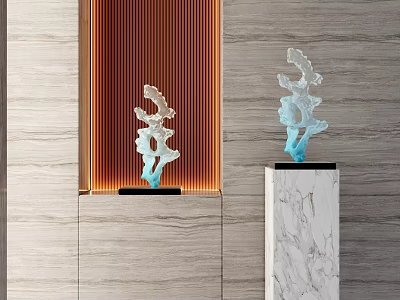 Modern Abstract Sculptures In White And Blue With Marble Bases And Wooden Background 3d model