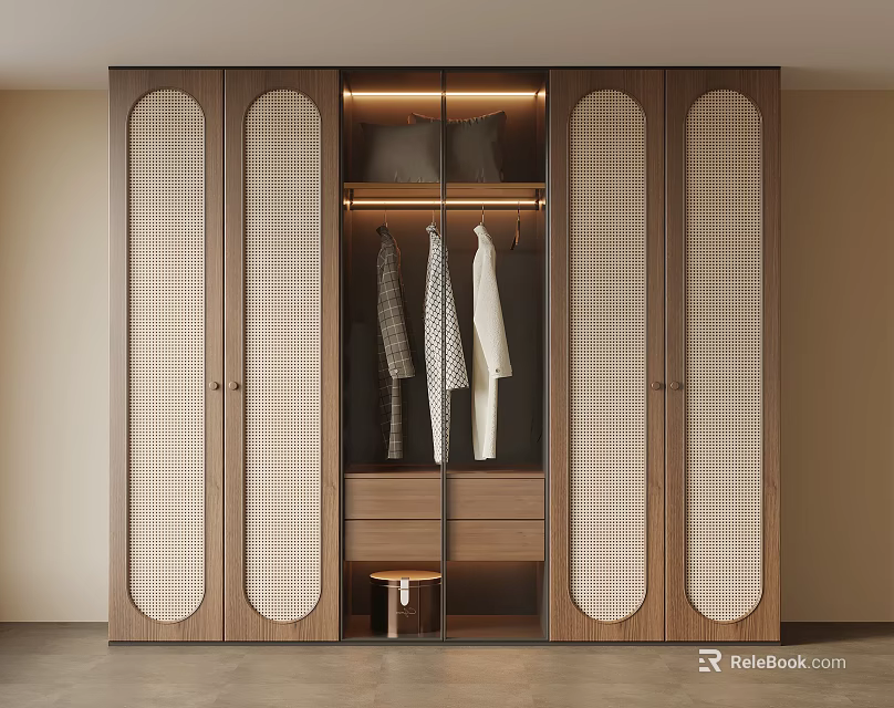 Modern Wooden Wardrobe Design With Checkered Glass Doors Hanging Clothes Drawers And Small Stool 3d model 