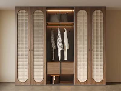 Modern Wooden Wardrobe Design With Checkered Glass Doors Hanging Clothes Drawers And Small Stool 3d model