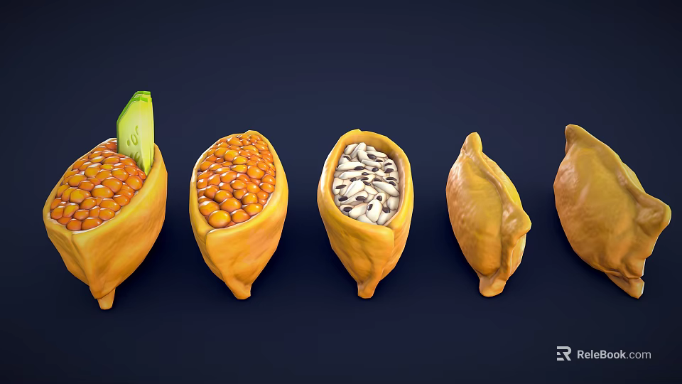 Five Yellow Pod Containers Filled With Various Beans And Green Leaf On Left 3d model 