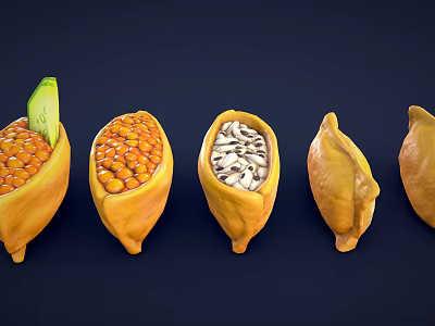 Five Yellow Pod Containers Filled With Various Beans And Green Leaf On Left 3d model