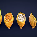 Five Yellow Pod Containers Filled With Various Beans And Green Leaf On Left